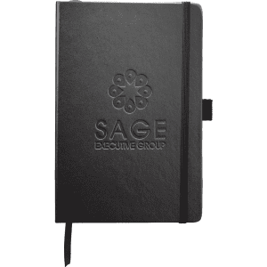 A black bound journal with an embossed logo and a ribbon bookmark.