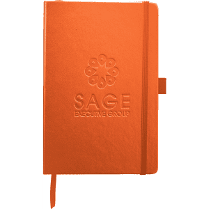 An orange bound journal with a logo on the cover and an elastic closure.