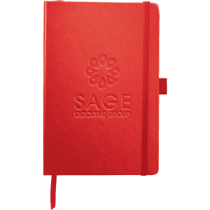 A red journal with a textured cover, featuring an embossed logo and an elastic closure band.