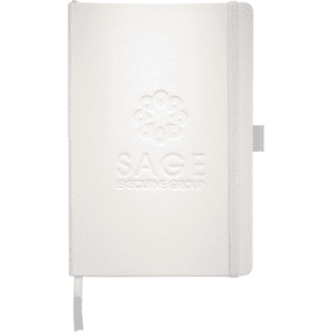 A white Nova Bound JournalBook with an embossed logo and a ribbon bookmark.