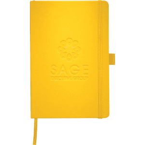 A yellow notebook with a textured cover and an elastic band closure, featuring a branding logo on the front.