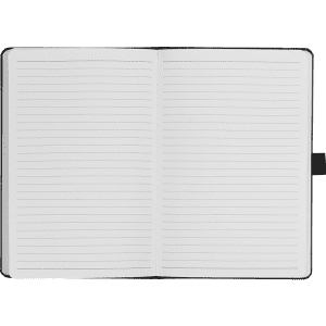 A black-bound journal with lined pages, featuring a ribbon bookmark and an interior pocket.