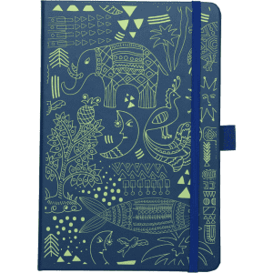A navy blue journal with intricate green patterns featuring animals and plants, secured with a matching elastic band.