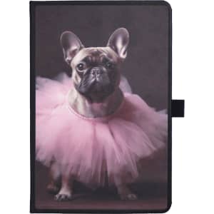 A notebook featuring a French bulldog in a pink tutu on the cover, with a black spine and closure.