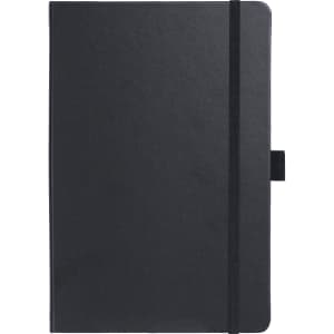 A black notebook with a smooth cover, featuring an elastic band and a bookmark ribbon. It has a branded logo.