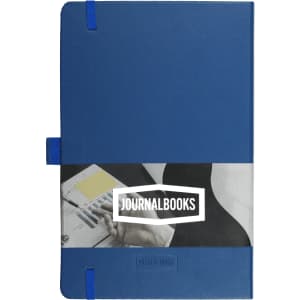 A blue Nova Bound JournalBook features an elastic closure and a branding logo on the cover.