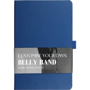 A blue journal with a belly band for customisation, featuring a sleek design and a bookmark.