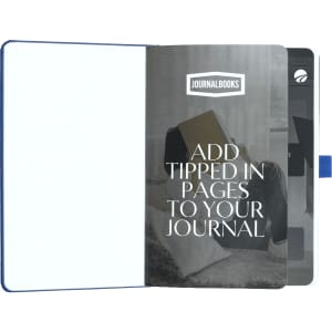A blue Nova Bound JournalBook with blank pages and a branding logo on the inside cover.