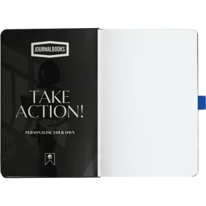 A black Nova Bound JournalBook with a blank interior and a ribbon bookmark. It features a logo on the cover.