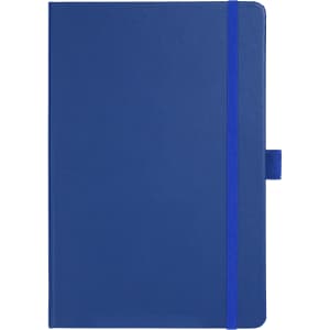 A blue journal with a elastic band closure and a small tab. It has a logo on the front cover.