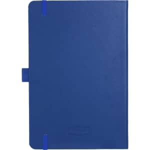 A blue journal with a smooth cover and elastic closure, featuring branding on the front.