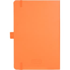 An orange Nova Bound JournalBook with an elastic band closure and a branding logo on the cover.