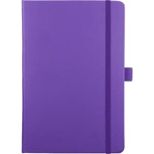 A purple journal with a textured cover, featuring a band closure and a small logo on the front.
