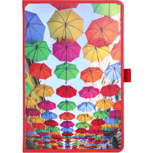A vibrant notebook featuring a design with colourful umbrellas in red, green, orange, and blue. It has a logo on the cover.