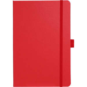 A red notebook with a flat cover, an elastic band closure, and a logo on the front.