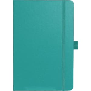 A teal Nova Bound JournalBook featuring a fold-over cover and an elastic closure, with a logo on the front.