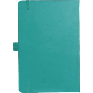 A teal journal with a soft cover, featuring an elastic closure and branding.