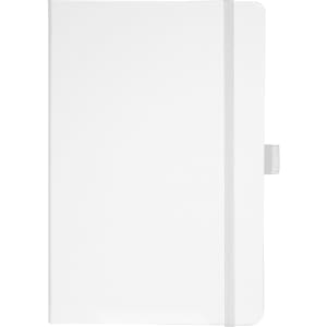 A white journal notebook with a flexible cover and an elastic closure, featuring a logo on the front.
