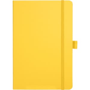 A yellow Nova Bound JournalBook with an elastic band and a ribbon marker. It features a logo on the cover.