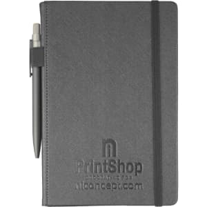 A grey notebook with a pen attached, featuring a textured cover and an elastic band closure.