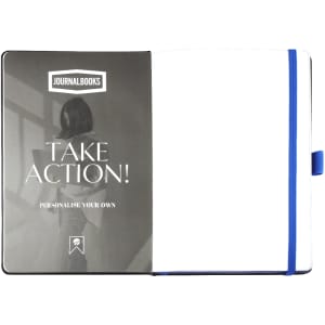 An open notebook with a blue spine and bookmark, featuring a plain interior and a branding logo.