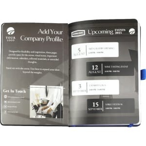 A bound journal book with a blue cover showcasing event listings and a logo. Pages appear designed for note-taking.