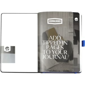 A bound journal with a blue cover and interior pages, featuring a logo and space for additional pages.