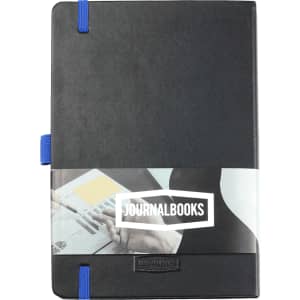 A black JournalBook with blue elastic closure and a logo, featuring a textured cover design.