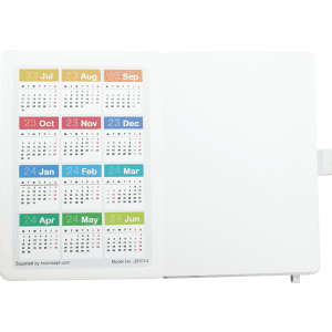 A hard bound journal features monthly calendar pages in various pastel colours, with a logo on the cover.