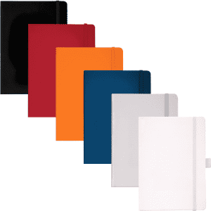 A collection of Vienna Hard Bound JournalBooks in black, red, orange, blue, white, and grey, each with a logo.