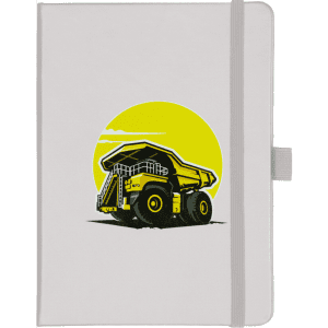 A hard-bound journal in white featuring a yellow and black design of a dump truck, complete with an elastic closure.