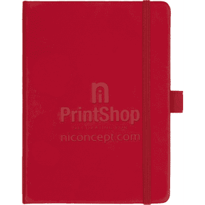 A red hard-bound journal with an elastic band and a branded logo on the cover.