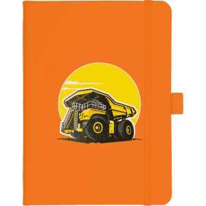 An orange hard-bound journal featuring a graphic of a mining truck against a yellow circular background.
