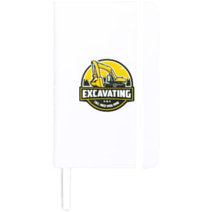 A white notebook featuring a circular logo with a construction machine design and text underneath.