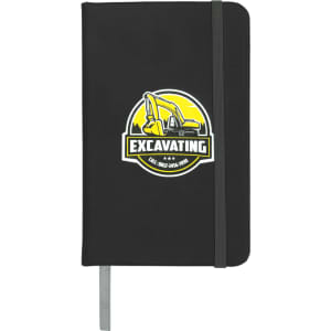 A black pocket notebook with a logo featuring a yellow excavator and an elastic band closure.