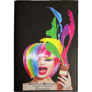 A vibrant, multi-coloured notebook featuring a woman with a rainbow wig, holding paint. It has a branding logo.