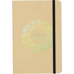 A tan A5 journal with a black elastic band, featuring a circular design and green graphics related to sustainability.