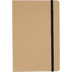 A plain brown journal with a black elastic band closure, featuring a simple design and soft cover.
