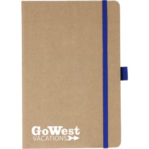 A kraft paper journal with a blue elastic band and a logo. It features a smooth cover and neatly rounded corners.