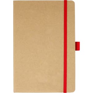 A kraft paper journal with a red elastic band closure and a red ribbon bookmark. It has a logo on the cover.