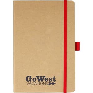 A brown journal with a red elastic band, featuring a logo on the front cover.