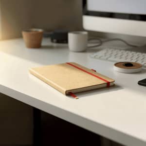 A brown journal with a red elastic band rests on a minimalist desk, accompanied by a cup and electronic devices.