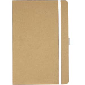 A brown journal with a white band and a closure tab, featuring a smooth cover and a simple design.
