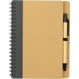 A brown notebook with a dark grey stripe and a black ballpoint pen attached. It features a spiral binding.