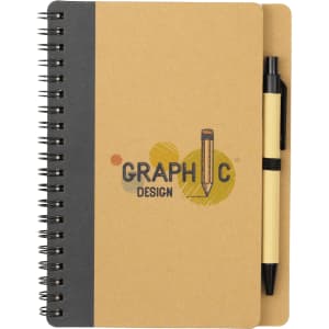A brown spiral-bound notebook with a black cover and a black ballpoint pen attached. It features a design logo.