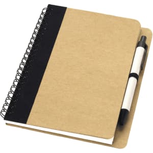 A brown notebook with a black spine and a matching ballpoint pen, featuring a logo on the cover.