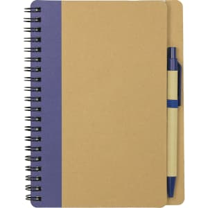 A brown notebook with a blue section on the cover and a blue ballpoint pen attached. Features a spiral binding and a logo.