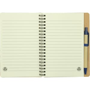 A spiral-bound notebook with blank lined pages and a blue ballpoint pen. The notebook features a recycling symbol.
