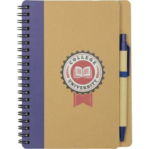 A brown spiral notebook with a navy cover and a ballpoint pen attached. Features a logo on the front.