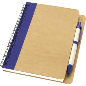 A brown spiral notebook with a blue section and a matching blue ballpoint pen. The notebook is partially open.